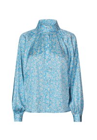 Blue floral blouse with a high collar, long puff sleeves, and button front. Fabric features a delicate white floral pattern with pleats at the neckline.