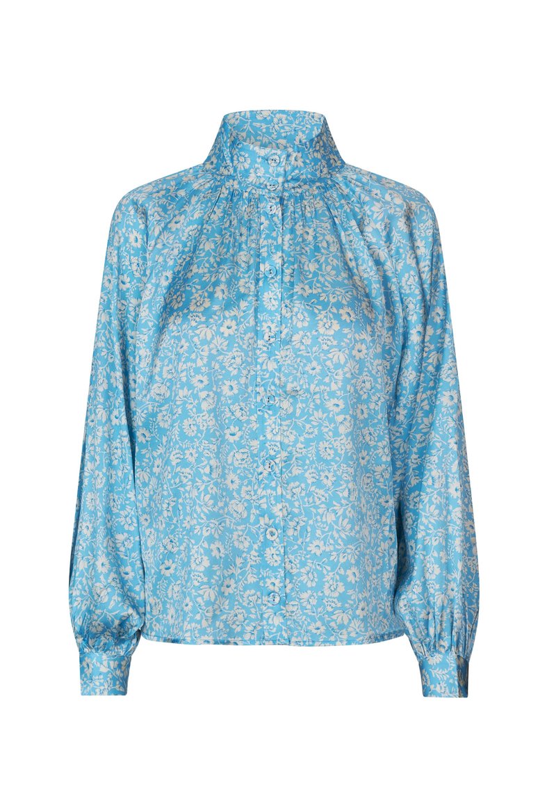 Blue floral blouse with a high collar, long puff sleeves, and button front. Fabric features a delicate white floral pattern with pleats at the neckline.