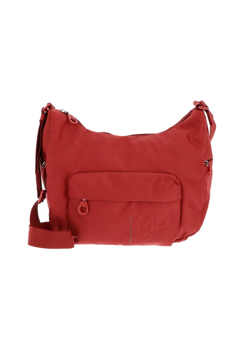 Sac en bandoulière rouge avec une finition texturée, doté d'un compartiment principal zippé et d'une poche extérieure avec un tirant. Bandoulière ajustable.