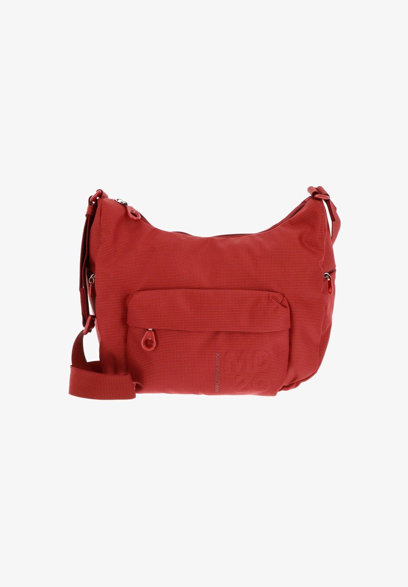 Sac en bandoulière rouge avec une finition texturée, doté d'un compartiment principal zippé et d'une poche extérieure avec un tirant. Bandoulière ajustable.