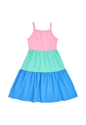 Ärmelloses Kleid mit rosa eng anliegendem Oberteil, gerafftem mintgrünem Mittelteil und weitem blau gerafftem Rock, flach auf weißem Hintergrund dargestellt.