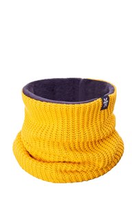 Yellow knitted neck warmer with a soft purple fleece lining. Features a textured surface and a small fabric logo tag on the side.