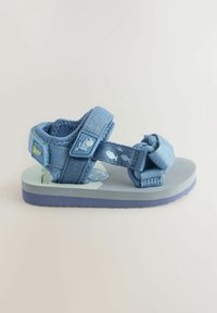 Blå tygsandaler med justerbara remmar, en ljusgrå fotbädd och en blå texturerad sula. Har lekfulla fiskdesigns på fotbädden.
