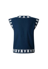 Mörkblå topp med korta ärmar, med en vit blommig broderad kant längs halsringningen och fållen. Lätthanterlig textur, avslappnad passform.
