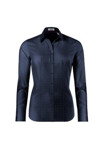 Marineblaues Hemd mit Knöpfen aus glattem Stoff, ausgestattet mit weißen Pünktchen, langen Ärmeln und einem Kentkragen. Hat eine taillierte Passform und einen dezenten Glanz.