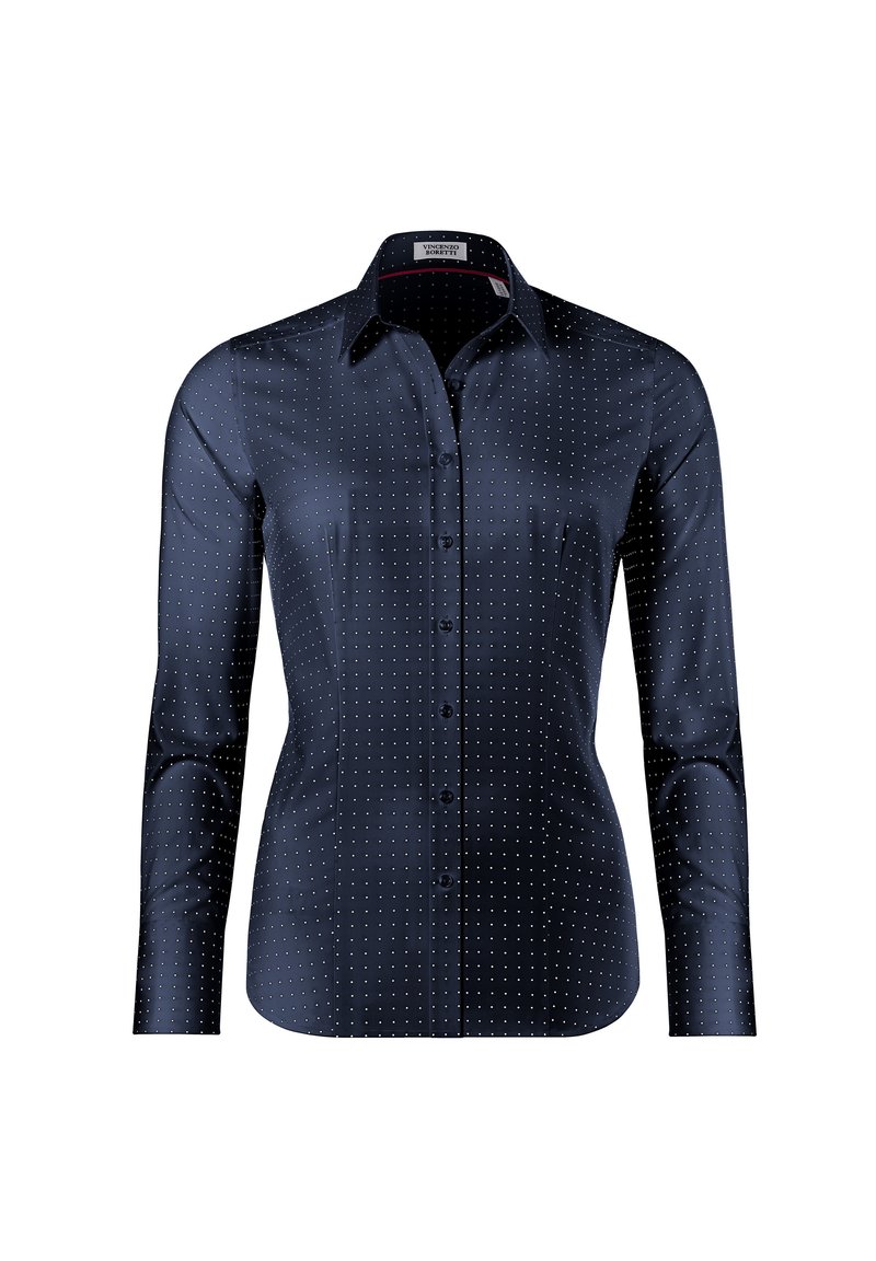 Marineblaues Hemd mit Knöpfen aus glattem Stoff, ausgestattet mit weißen Pünktchen, langen Ärmeln und einem Kentkragen. Hat eine taillierte Passform und einen dezenten Glanz.