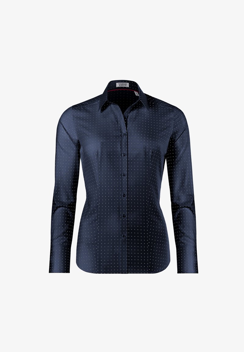 Marineblaues Hemd mit Knöpfen aus glattem Stoff, ausgestattet mit weißen Pünktchen, langen Ärmeln und einem Kentkragen. Hat eine taillierte Passform und einen dezenten Glanz.