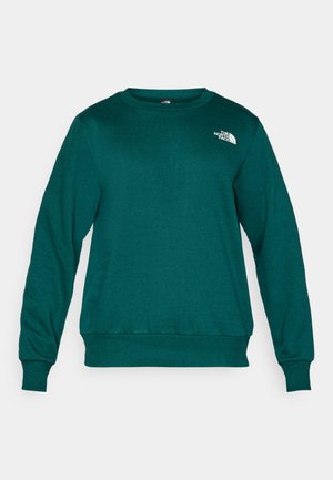 Grüner Pullover aus weichem Material, mit langen Ärmeln, Rundhalsausschnitt und einem weißen Logo auf der oberen linken Seite.