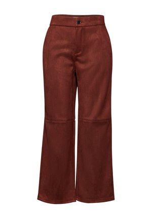 Bruine faux suede wijde broek met een ritssluiting aan de voorkant, een gladde textuur en strakke lijnen, met een op maat gemaakt ontwerp en zonder zichtbare versieringen.