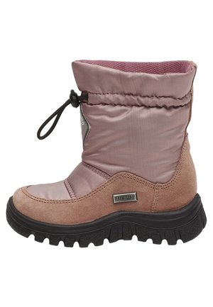 Børns pink vinterstøvle med sort robust sål, justerbar snøre-lukning og mærkat "Rain Step" på siden.