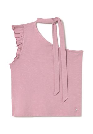 Top rosa sin mangas con un hombro con volantes, escote asimétrico y detalle de lazo largo en el cuello sobre fondo blanco.