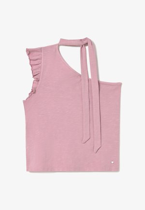 Top rosa sin mangas con un hombro con volantes, escote asimétrico y detalle de lazo largo en el cuello sobre fondo blanco.