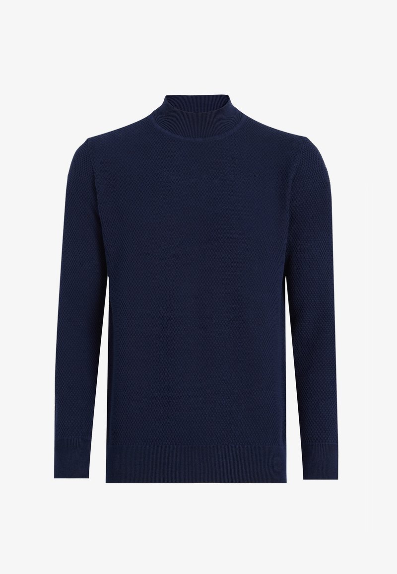 Pull en maille texturée bleu foncé à manches longues avec col montant côtelé ainsi que poignets et bord côte.