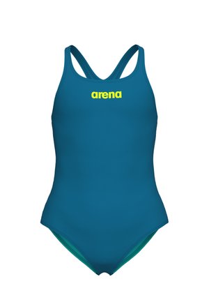 Bañador entero verde azulado con tirantes cruzados en los hombros y el logo amarillo de "arena" centrado en el pecho.