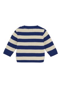 Blau und creme horizontal gestreifter, gestrickter Babysweater mit langen Ärmeln und gerippten Bündchen, von hinten gezeigt.