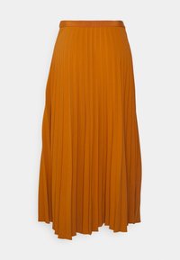 Jupe longue plissée de couleur orange riche. Confectionnée dans un tissu lisse avec une taille ajustée et une silhouette fluide. Sans motifs ni éléments métalliques visibles.