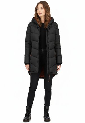Black padded long coat with a hood, featuring a warm orange lining, side pockets, and a zipper closure. Worn over black pants and boots.