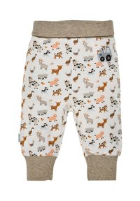 Cotton baby pants with a beige waistband and cuffs. Featuring a farm animal pattern in earthy tones on a white background. Tractor detail included.