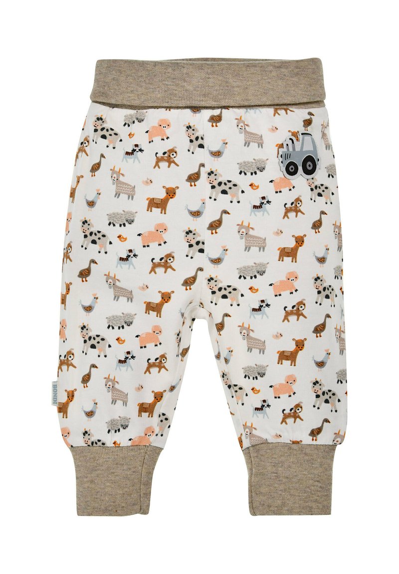 Cotton baby pants with a beige waistband and cuffs. Featuring a farm animal pattern in earthy tones on a white background. Tractor detail included.