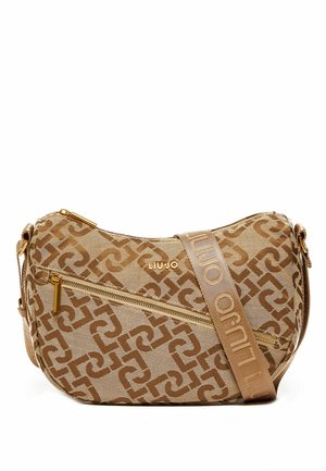Bruine crossbodytas met patroon, gouden rits en "Liu Jo"-logo, voorzien van een verstelbare, merkgebonden stoffen band.