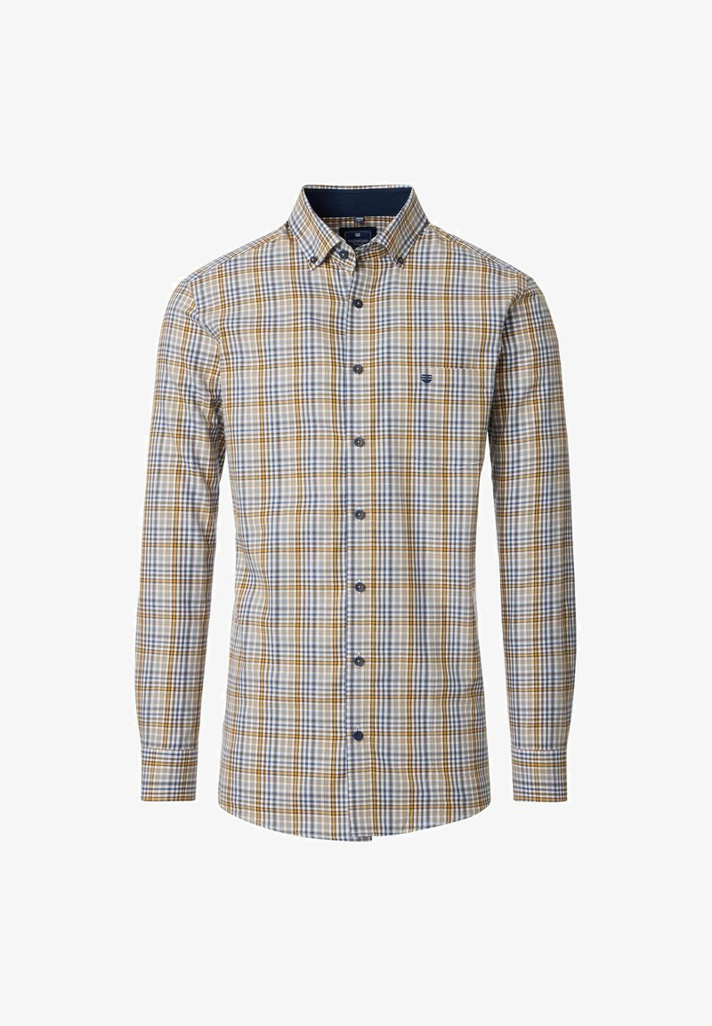 Męska koszula z długim rękawem, zapinana na guziki, w niebiesko-białą-żółtą kratkę, z kołnierzykiem zapinanym na guziki oraz kieszonką na piersi z logo.