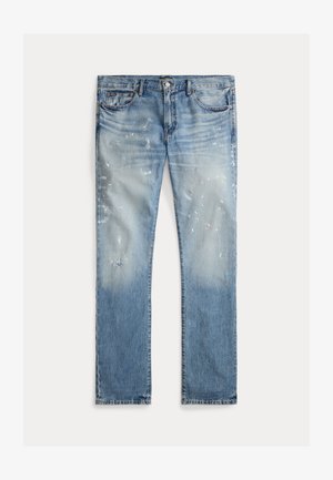 Gai zili džinsi ar nolietotu krāsu, nodilušām detaļām, krāsas traipiem, tradicionālu piecu kabatu dizainu, taisnu kāju piegriezumu.