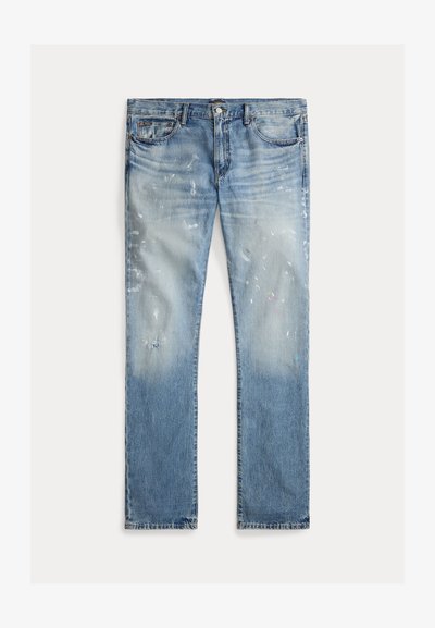 Jasnoniebieskie dżinsy z denimu z wyblakłym wykończeniem, z przetarciami, plamami farby, tradycyjnym pięciopunktowym krojem, prostym fasonem nogawki.