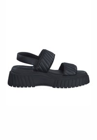 Schwarze Sandalen mit geriffelter Sohle, ausgestattet mit breiten gepolsterten Riemen und einem verstellbaren Riemen hinten für einen sicheren Sitz. Leichtes Design und texturierte Oberfläche.