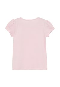 Hellrosanes Baumwoll-T-Shirt mit kurzen, puffartigen Ärmeln und rundem Ausschnitt; glatte Textur mit einem einfachen, ungeschmückten Design.