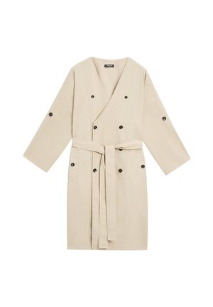 Beige cotton robe with a wrap design, long sleeves, black buttons, and a matching belt. Features side pockets and a smooth texture.