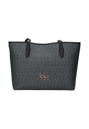Borsa tote grigio scuro con manici neri, decorata con motivi a forme intrecciate, con un piccolo logo dorato "byblos" al centro davanti.