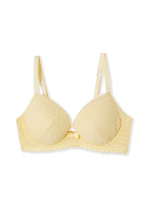 Light yellow lace bra with adjustable straps, padded cups, underwire support, and a small bow at the center front.