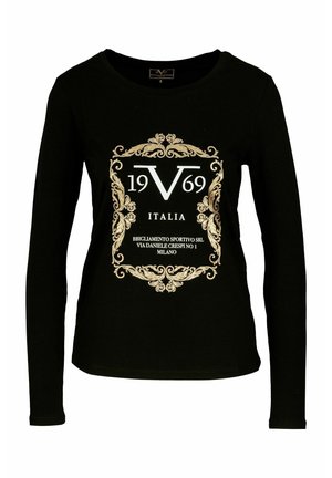 Chemise noire à manches longues avec un cadre doré orné entourant « 19V69 ITALIA » et un texte d'adresse centré sur la poitrine.
