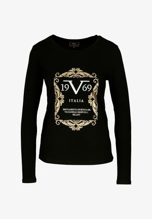 Chemise noire à manches longues avec un cadre doré orné entourant « 19V69 ITALIA » et un texte d'adresse centré sur la poitrine.