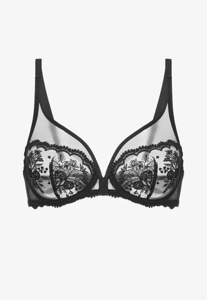 Soutien-gorge noir en dentelle transparente avec broderie florale, armatures et bretelles réglables.