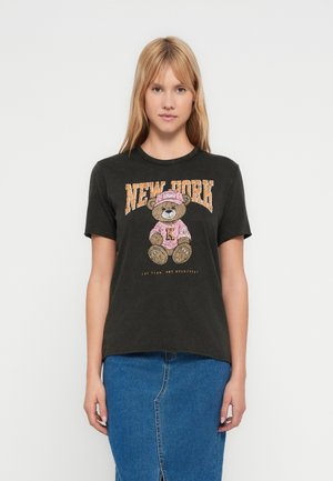 Black cotton t-shirt featuring a graphic of a bear wearing a pink cap, with "NEW YORK" in orange text above, and a relaxed fit design.