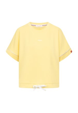 Yellow short-sleeve T-shirt with white drawstring hem, small white "FREIJA" logo at center, and reflective trim on sleeves.