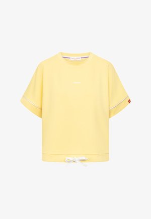 Yellow short-sleeve T-shirt with white drawstring hem, small white "FREIJA" logo at center, and reflective trim on sleeves.