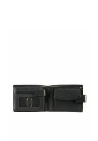 Czarny skórzany portfel otwarty, z wieloma slotami na karty, przezroczystym oknem na dokument tożsamości oraz zapięciem na zatrzask. Teksturowana powierzchnia.