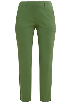 Smaltsiddende olivengrønne bukser med bæltestropper, forlommer og skjult lukning foran.