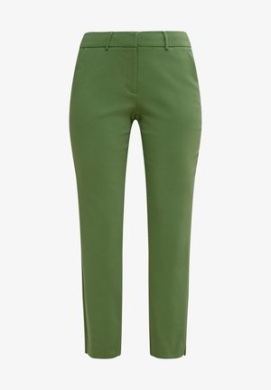 Pantalon ajusté vert olive avec passants pour ceinture, poches avant et fermeture avant dissimulée.