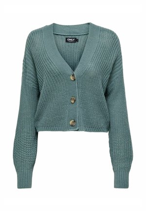 Groene gebreide cardigan met een V-hals, cropped ontwerp, lange mouwen en drie grote knopen aan de voorkant. Geweven stof overal.