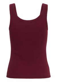 Débardeur en maille côtelée sans manches de couleur bordeaux foncé avec un col arrondi.