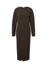 Rippstrick-langarmkleid in Dunkelbraun mit rundem Ausschnitt und langen Ärmeln, ausgestattet mit einer mittleren Naht und gerader Passform.