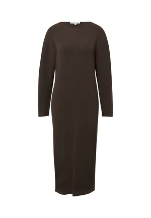 Rippstrick-langarmkleid in Dunkelbraun mit rundem Ausschnitt und langen Ärmeln, ausgestattet mit einer mittleren Naht und gerader Passform.