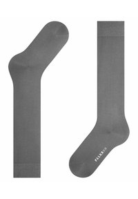 Graue Socken aus glattem Material, mit verstärkten Zehen, nahtlosem Design und dezenten gerippten Akzenten am oberen Rand. Markenname angezeigt.