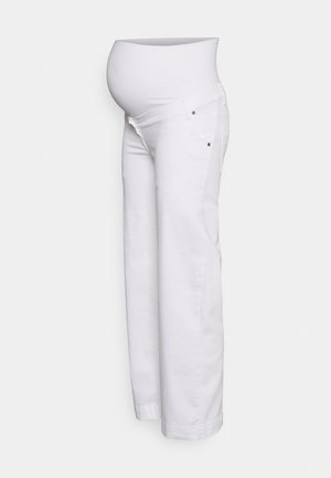 Jeans de maternidade brancos com uma cintura elástica alta, pernas de corte reto e bolsos frontais, apresentando discretos detalhes metálicos.