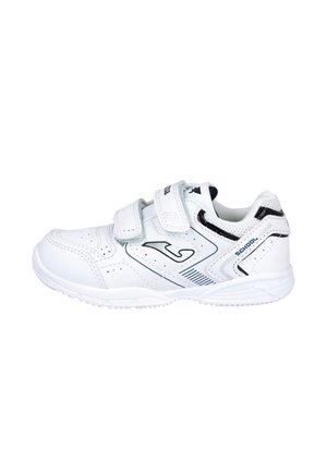 Zapatilla blanca infantil con tiras de velcro, logotipo negro en el lateral y la palabra «SCHOOL» cerca del talón, vista desde el lado exterior.