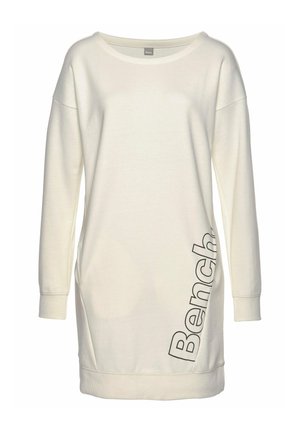 Cremfarbene Langarm-Sweatshirtkleid mit weitem Ausschnitt, verziert mit einem aufgedruckten "Bench"-Logo auf der linken Seite und gerippten Bündchen.