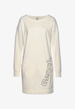 Cremfarbene Langarm-Sweatshirtkleid mit weitem Ausschnitt, verziert mit einem aufgedruckten "Bench"-Logo auf der linken Seite und gerippten Bündchen.